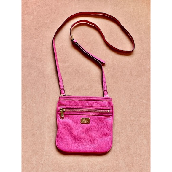 Ralph Lauren‎ Pink Leather Crossbody Bag Double Zip Small Everyday Purse - Picture 1 of 15